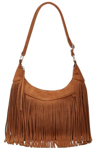 Suede Fringe Crossbody Bag for Women Ladies Stylish Leather Shoulder Bag Purse Handbag Fall Winter Spring - color: Brown