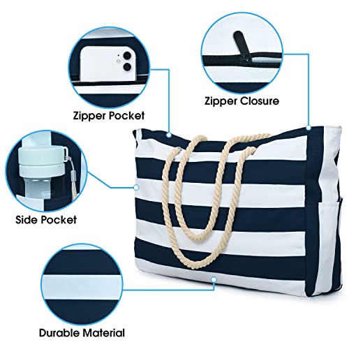 Becokan Beach Bag Large Beach Tote Bag for Women Waterproof Sandproof Swim Pool Bag With Zipper - color: Dark Blue