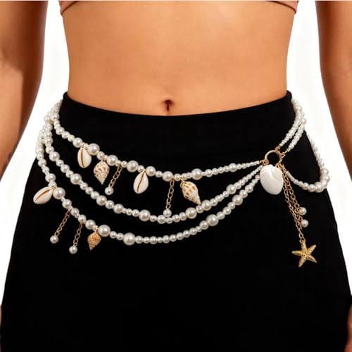 Starfish Shell Waist Chain for Women Adjustable Layered Pearl Body Chain Seashell Conch Waterproof Belt Chains Summer Bikini Beach Mermaid Accessories - color: Starfish-A