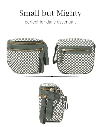 Valentoria Large Woven Leather Crossbody Bags for Women Checkered Bum Bag Sling Bag Purse Adjustable Strap Detachable Wallet | Woven - color: Green&white Checkered