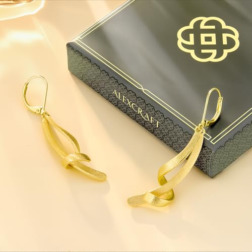 ALEXCRAFT Twisted Silver Dangle Earrings, Hypoallergenic Elegant Lightweight 14k Gold Plated Long Brushed Twisted Tassel Dangling Drop Leverback Earrings for Women Trendy Statement Jewelry in Box - color: Brushed_Gold