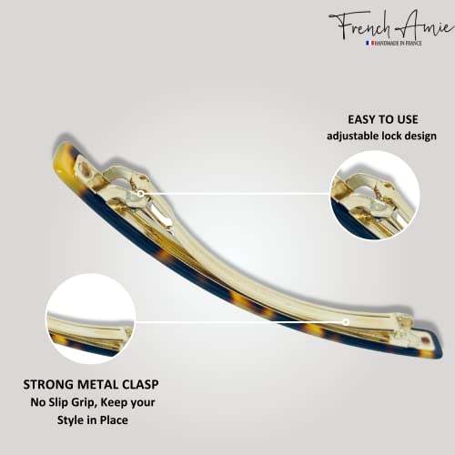 French Amie Long and Skinny Bar Yellow Tokyo Large 4 1/4" Celluloid Acetate Handmade Automatic Hair Clip Barrette with No Slip Sturdy Silver Clasp for Women and Girls, Made in France (Yellow Tokyo) - color: Yellow Tokyo