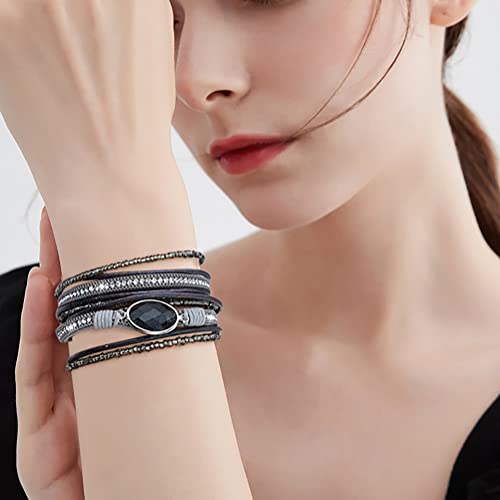 Leather Wrap Bracelet Set 3Pack Wrist Cuff Bracelet for Women Multilayer Magnetic Clasp Bracelet Feather Tree Bead Crystal Bracelet - color: Grey Crystal