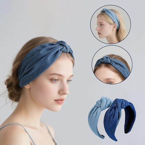 2 Pcs 6CM Wide Knotted Hair Hoops Vintage Denim Knot Headbands Non-Slip Elastic Top Thick Hairbands Dark Blue Light Blue