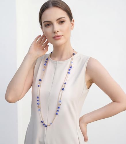 FULU AUTUMN Boho Gold Long Necklaces for Women Natural Stone Beaded Layered Long Necklace Mothers Day Gifts Dainty Flower Costume Jewelry for Women - color: Sapphire