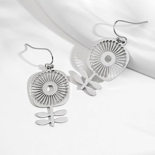 Boho Teardrop Earrings, Handmade Copper Bohemian Earrings, Dangle Antique Ethnic Jewelry for Women - color: Silver Sunflower