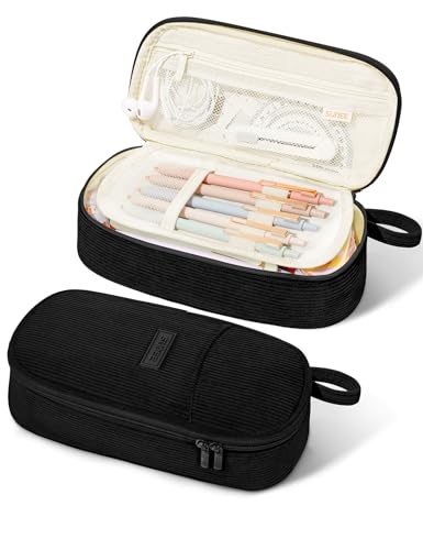 SUNEE Cute Pencil Case, Large Pencil Pouch, Soft Corduroy Aesthetic Big Pencil Bag with Zipper, Kawaii Stationery Storage and Organizer, School Supplies for Teen and Adult, Boys&Girls, Coal Black - color: Coal Black