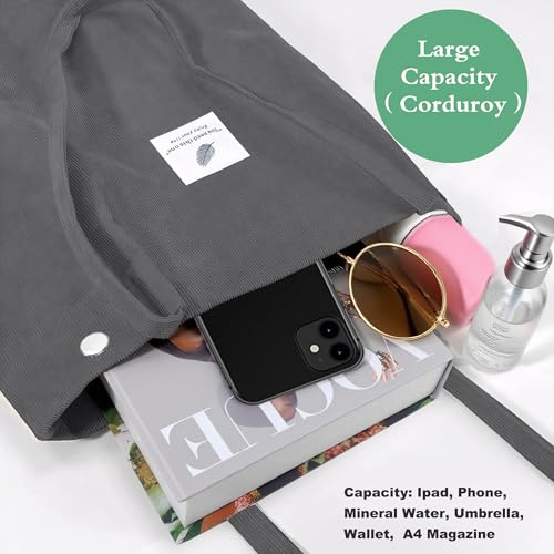 Corduroy Tote Bag for Women Small Canvas Shoulder Purse Cord Handy Bag with Inner Pocket | with Front Pocket - color: 02 Dark Grey