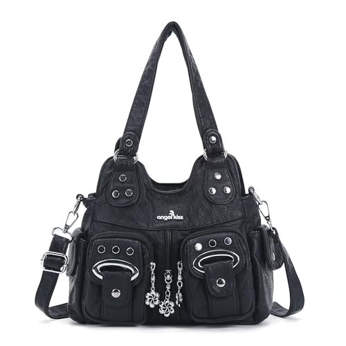 Angel Kiss Small Hobo Purses for Women, Washed Vegan Leather Multi-Pocket Purse, Shoulder Handbag with Adjustable Strap - color: Black