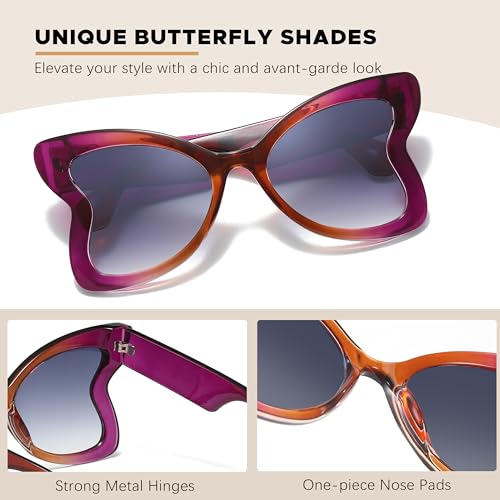 Chicid Oversized Butterfly Sunglasses for Women, Funky Sunglasses with UV400 Protection Non-Polarized Lenses - color: A02 Purple Framen/Gradient Grey
