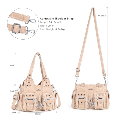 Angel Kiss Small Hobo Purses for Women, Washed Vegan Leather Multi-Pocket Purse, Shoulder Handbag with Adjustable Strap - color: Retro Apricot