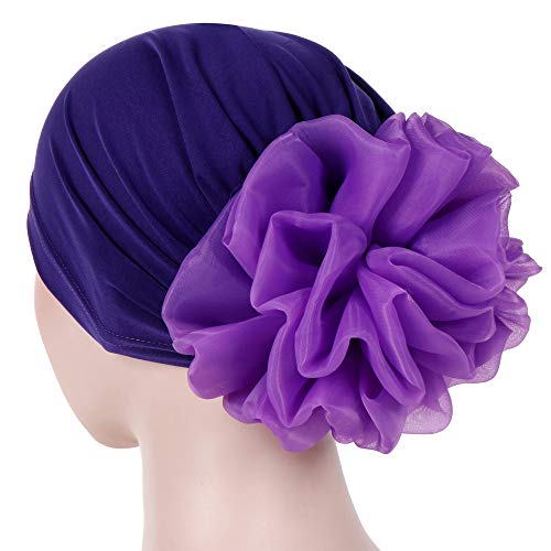Women Big Flower Turban Hat Head wrap Headwear Cancer Chemo Beanie Cap Hair Loss Cover - color: Purple