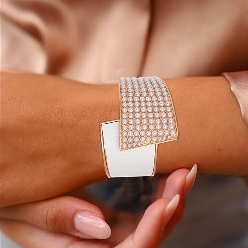 ELABEST Stylish Rhinestone Bracelet Cuff Bracelets Stretch Bracelets Sparkly Hand Chain Wedding Parties Jewelry Accessories for Women - color: Pearl-White