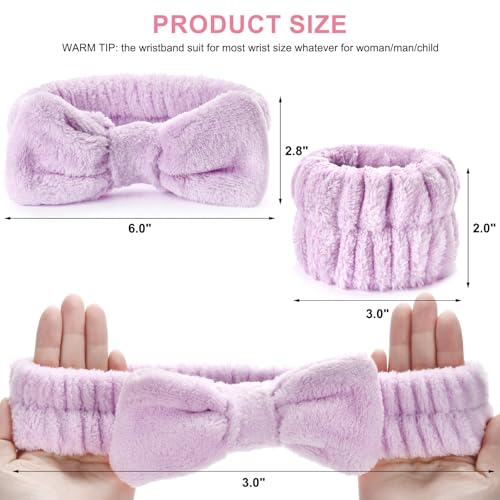 Dorbetar 6Pack Headband and Wristband Set for Washing Face, Spa Skincare Makeup Headband, Soft Puffy Hair Band Bow Tie, for Women and Teen Girl Trendy Stuff Gifts - color: Pink+purple