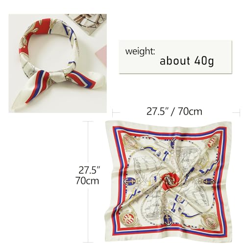 CHUNG Women's Scarf Hair Bandanas Square 27.5" Satin Wrap Fashion Pattern Scarves Emulation Silk Handbag Ribbons Necktie - color: Red Sailboat
