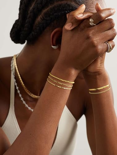 Dearmay Gold Bracelets for Women Waterproof, 14K Gold Plated Minimalist Bracelets Stack Non Tarnish Trendy Dainty Herringbone Vintage Cuban Paperclip Rope Thin Box Link Chain Stackable Jewelry Sets Modern Fashion Accessories Gifts for Womens - style: 5Pcs