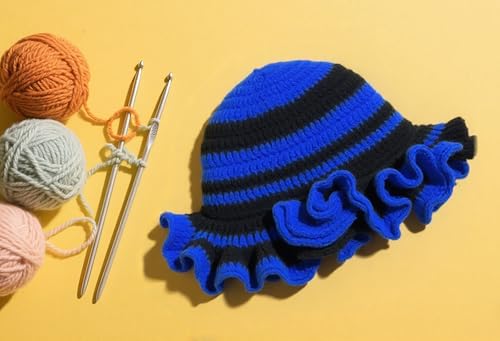 Handmade Crochet Bucket Hat for Women Boho Chic Slouchy Design Colorblock Ruffled Brim Festival&Daily Crochet Hat - color: Black and Blue Stripe