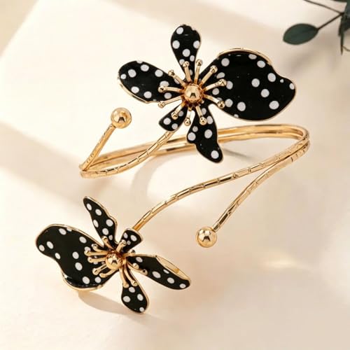 Flower Arm Cuff Bracelets for Women Adjustable Gold Upper ArmBand Jewelry Boho Floral Open Wrap Statement Bangle Bracelet Arm Cuff Jewelry Gifts for Women - color: Black polka dots