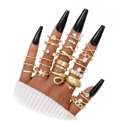 FAXHION 25 PCS Gold Stackable Rings Set for Women, Simple Twist Knuckle Finger Ring Trendy, Dainty Stacking Statement Thumb Rings Pack Jewelry Gift - color: Gold-Pearl