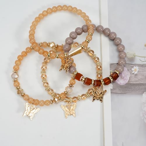 Bohemian Bracelet Sets for Women - 4-Pack Stackable Stretch Bead Bracelets with Black＆White Crystal & Gold Accessories, Multi-Layer Boho Jewelry - color: orange butterfly
