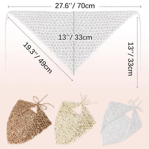 Ababalaya Crochet Cotton Head Scarf Boho Hollow Out Triangle Scarf with Shiny Sequin Y2K Hair Scarf - color: White