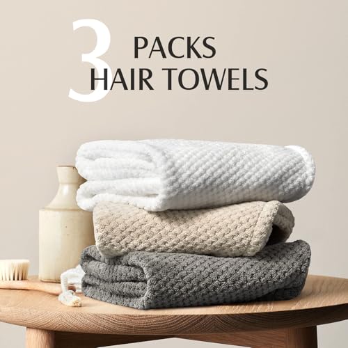 YFONG 3 Pack Large Microfiber Hair Towel Wrap, 30" x 10" Anti Frizz Quick Dry Hair Towels for Women Long, Curly, Thick Hair, Super Absorbent Hair Turban for Wet Hair (Grey, White, Camel) - color: Grey, White, Camel