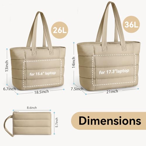 Puffer Tote Bag with Pouch, Women's Lightweight Quilted Shoulder Bag, 15.6"/17.3 Laptop Travel Weekender for Work & Nurses - color: Khaki, size: Medium