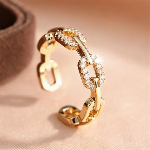 Chain-Shaped Opening Women's Ring with Micro-Pave Cubic Zirconia - color: Gold Color