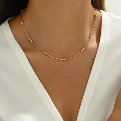 NONAMOIS Gold Chain Necklace for Women Dainty 18K Gold Plated Thin Satellite Beaded Turquoise Necklace Simple Layered Boho Jewelry Christmas Gifts - color: Snake Beads-Gold