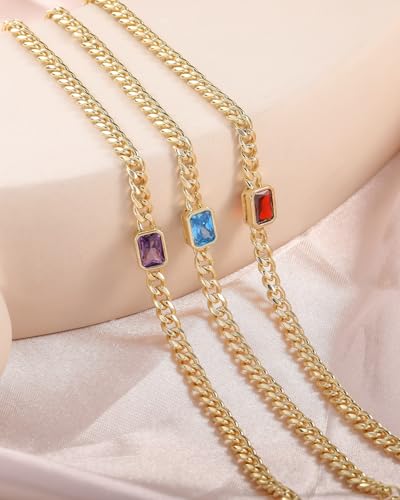 Birthstone Gold Bracelets for Women Non Tarnish Trendy 14k Gold Plated Bracelet Dainty Charm Emerald Bracelets Stack Cuban Link Friendship Bracelets Jewelry Gifts for Birthday/Valentine's Day - color: 01. January(Garnet)