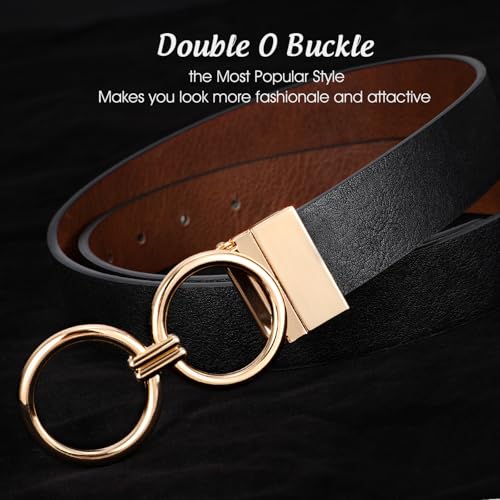 JASGOOD Women Leather Belt,Reversible Belt,Leather Waist Belt for Jeans Dress with Gold Double O Ring Rotate Buckle - color: E-black+brwon(shinny Silver Buckle), size: Length 37":Fit Size 28"-32"