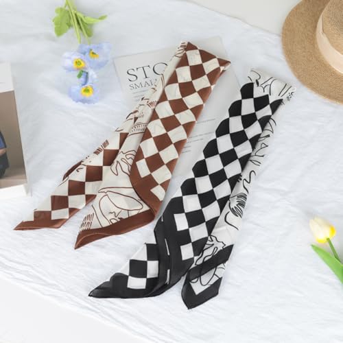 Relang Fashion Silk Satin Head Scarf for Women Hair Bandana Hair Scarf Wrap Neck Scarf for Women 27.5×27.5 inches - color: Beach Chessboard Brown