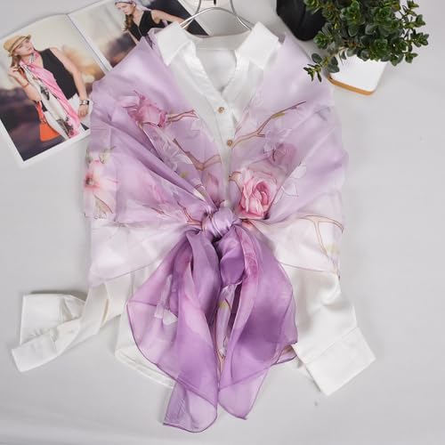 100% Mulberry Silk Women's Neck Silk Scarf-Lightweight Shawl,FLoral Print Beach Silk Wrap-Scarves for Photography - color: Purple