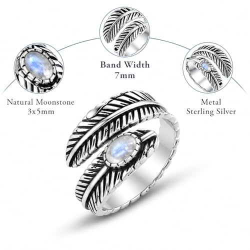 Silver Plated Feather Ring | 925 Silver Adjustable Open Ring | Vintage Leaf Design Inspirational Jewelry for Men & Women | Hypoallergenic Boho Statement Ring - color: Moonstone