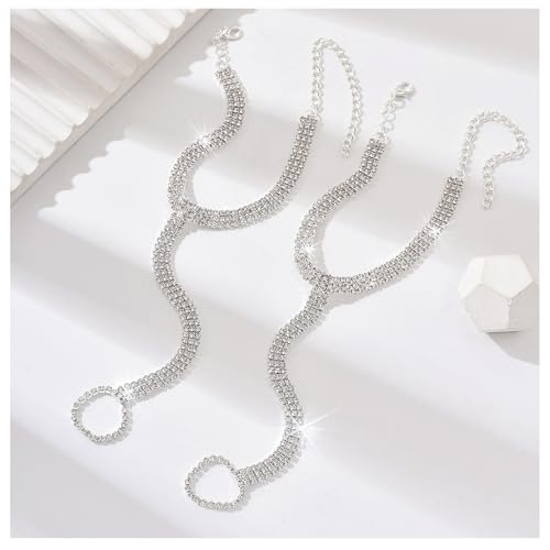 1Pair Multi-layered Rhinestone Foot Chain with Toe Jewelry for Women Wedding Bridal Crystal Barefoot Sandals Bikini Rhinestone Anklet Bracelet Foot Accessories Jewelry - style: Silver