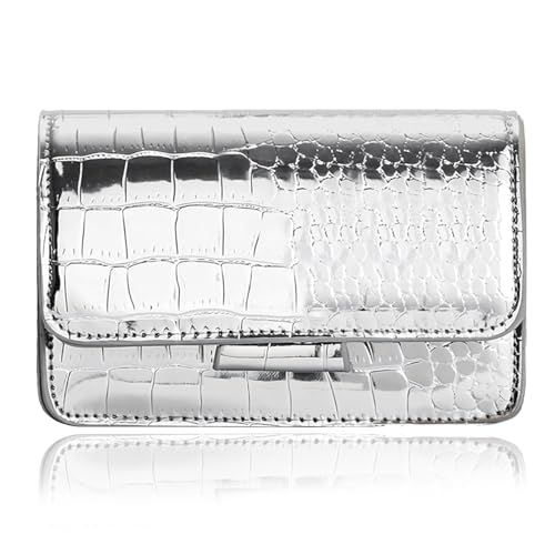 Small Crossbody Purse Bag for Women，Y2K Cute Metallic Croc-Embossed Handbag with Chain Strap - color: Medium Silver（fit Your Phone）
