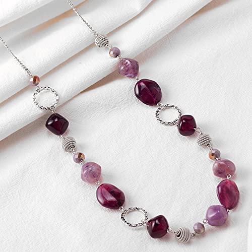 BULINLIN Beaded Long Necklace for Women Silver Sweater Chain Necklace with Crystal Resin Beads, Fashion Jewelry Necklace - color: 53-Dark light purple
