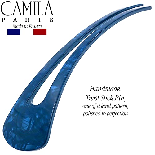 Camila Paris CP3164 French Twist Stick Clip Pins, Blue, Wavy Hair Pin U-Shaped Hair Fork for Girls Spiral Updo Chignon Bun Holder, Fashion Flexible Styling Hair Accessories for Women, Made in France - color: 2-Prong Blue