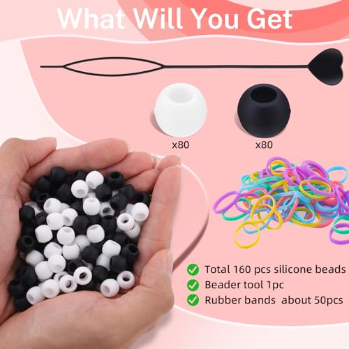 160Pcs 10mm Small Silicone Beads for Hair Braids, Soft Jellyish Pony Hair Beads with 5mm Hole + 50 Rubber Bands and 1 Beader for Braiding, DIY Bracelets Necklaces Crafts (Black White) - color: Black White Mix-160Pcs