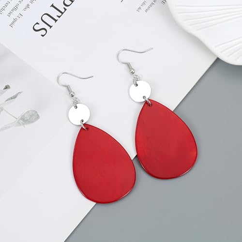 Elisheva Bohemian Lightweight Mother of Pearl Shell Drop Dangle Earrings for Women, Boho Chic Hippie Waterdrop Statement Jewelry Gift - color: red