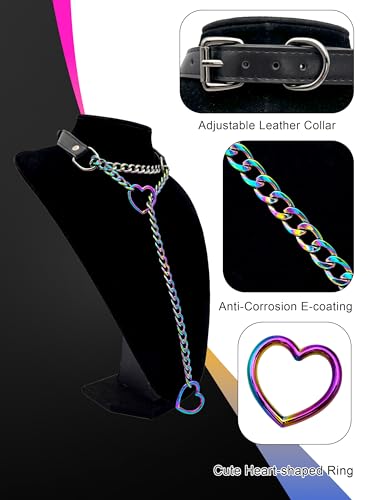 Black Leather Choker Collar For Women, Handmade Heart Slip Chain Choker Long Necklace with Adjustable Buckle - color: B-Black-Rainbow-Rainbow, size: 18''chain
