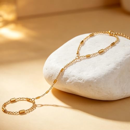 BOMAIL 7Pcs 14K Gold Plated Gold Hand Chain Bracelets for Women | Adjustable Ring Bracelets,Stackable Hand Link Chain,Dainty Gold Jewelry,Durable Accessory,Cute Bracelet