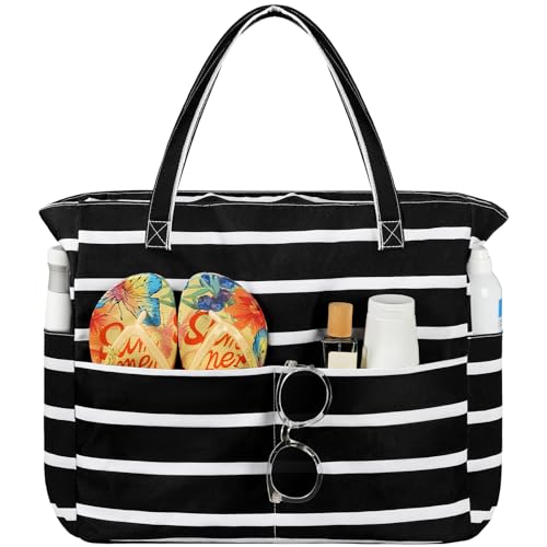 Trifabricy Beach Bags for Women Waterproof Sandproof Women Tote Bag, Large Beach Bag with Zipper for Gym Travel Vocation - color: Black