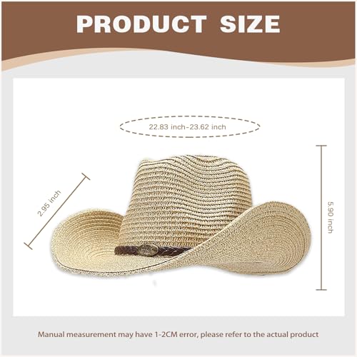 Straw Cowboy Hats Western Cowgirl Hat for Holiday Woven Beach Sun Hat with Shapeable Wide Brim Cowboy Hat for Women/Men - color: Beige