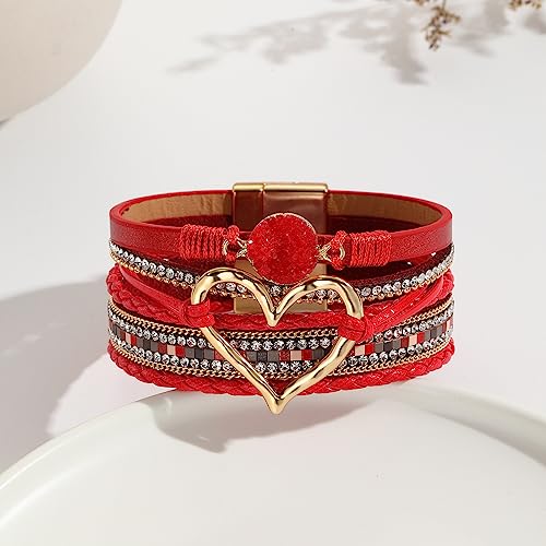 Womens Multi Layer Heart Leather Wrap Bracelet Boho Stackable Cuff Bangle Magnetic Clasp Crystal Birthday Valentine Gift - color: Red