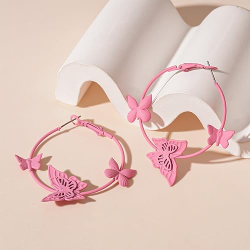 Kercisbeauty Polished Butterfly Big Hoop Earrings for Women Special Occasion Cute Jewelry - color: Pink
