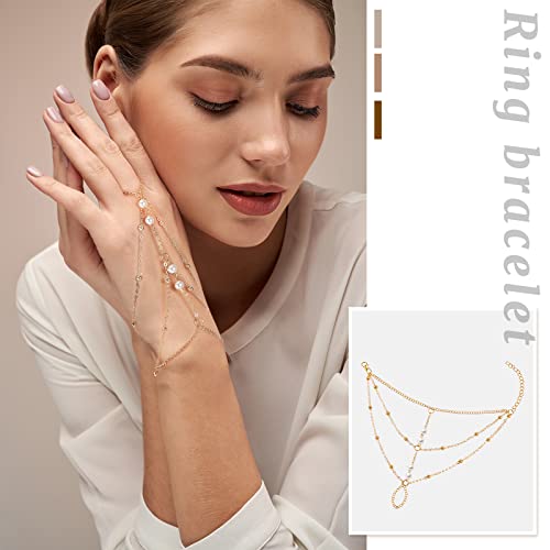 MTLEE 3 Pieces Ring Bracelet Hand Chain Gold Layered Finger Ring Hand Chains Tassel Stackable Bracelets for Women Fashion Body Jewelry Adjustable Gifts for Her 3 Styles