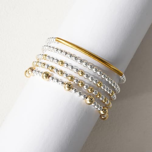 14K Gold Plated Beaded Bracelets Stack Set for Women,Stretch Boho Colorful Beads Ball Jewelry Friendship Summer Trendy - color: Silver gold