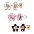 Pink Flower Earrings for Women, 925 Sterling Silver Stud Earrings, Cute Plumeria Earrings For Women, Cherry Blossom Hypoallergenic Stud - color: *White, Black, and Rose Gold