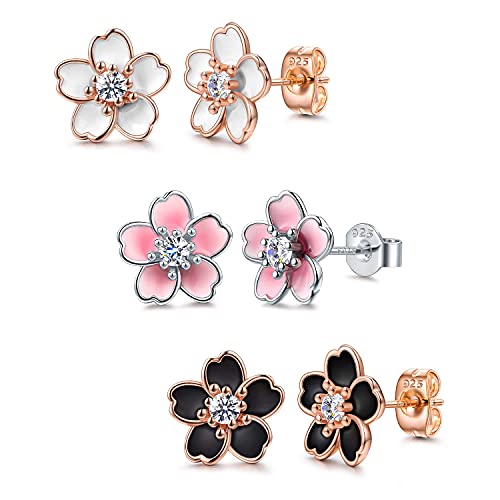 Pink Flower Earrings for Women, 925 Sterling Silver Stud Earrings, Cute Plumeria Earrings For Women, Cherry Blossom Hypoallergenic Stud - color: *White, Black, and Rose Gold